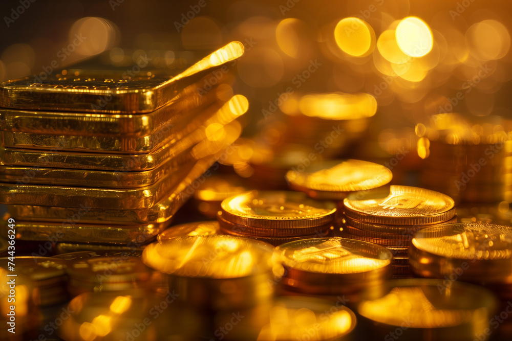 Shiny gold bars and coins displayed with sparkling background Shiny gold bars and coins displayed with sparkling background
