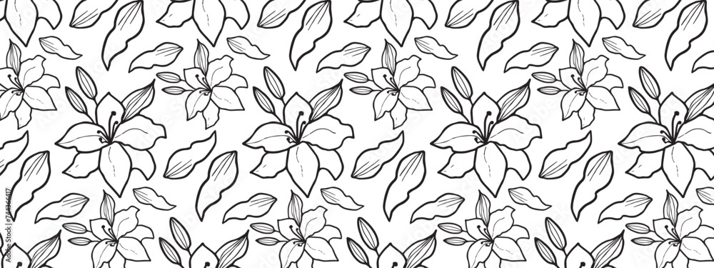 Seamless background with lily in black and white colors.