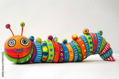 Plastic toy caterpillar isolated on white background.