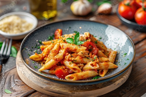 Penne pasta in tomato sauce with chicken and tomatoes on a wooden table.