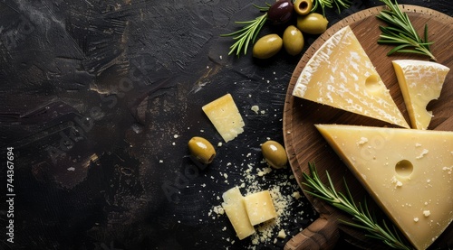 Parmesan cheese on a wooden board, Hard cheese, olives, rosemary on a dark background.