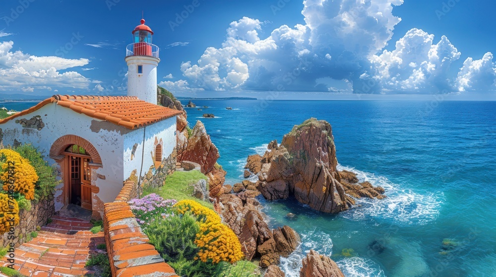 United Kingdom, Channel Islands, Jersey, Corbiere Lighthouse, Beautiful La Corbiere lighthouse perched. - obrazy, fototapety, plakaty 