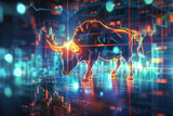 3D illustration of cyber bull on digital financial backdrop