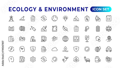 Ecology icon set. Ecofriendly icon, nature icons set.Linear ecology icons. Environmental sustainability simple symbol. Simple Set of Line Icons.Global Warming, Forests, Organic Farming.