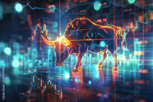 3D illustration of cyber bull on digital financial backdrop