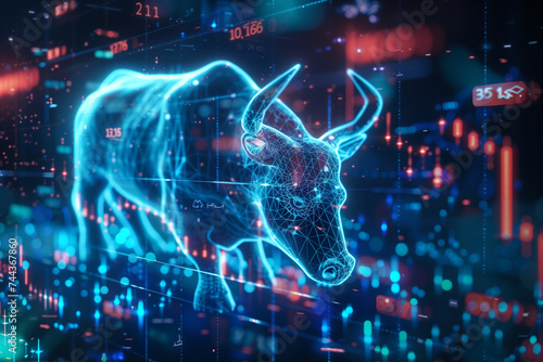 3D illustration of cyber bull on digital financial backdrop