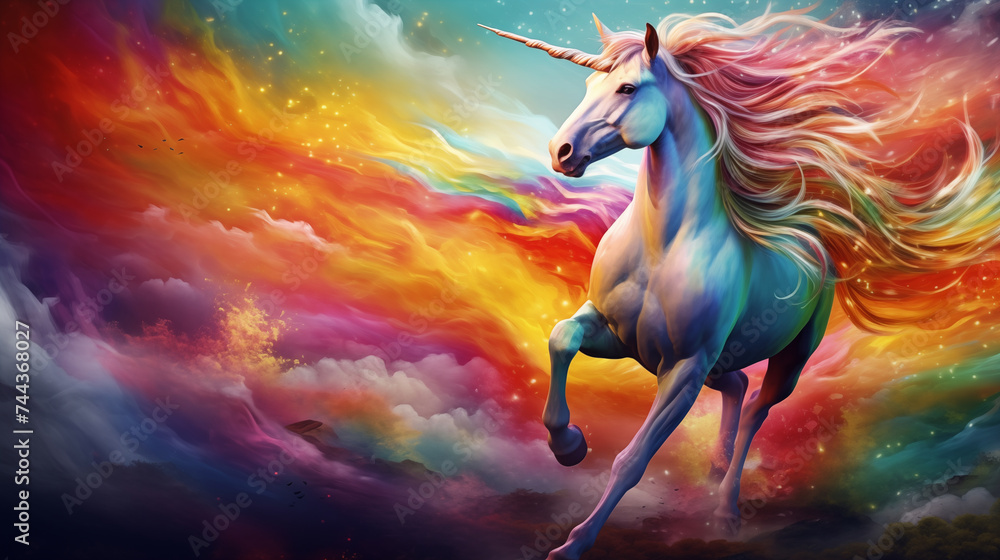 Unicorn Galloping with Vivid Rainbow, Background Scene in a Novel. Generative AI.
Unicorn Galloping with Vivid Rainbow, Background Scene in a Novel. Generative AI.