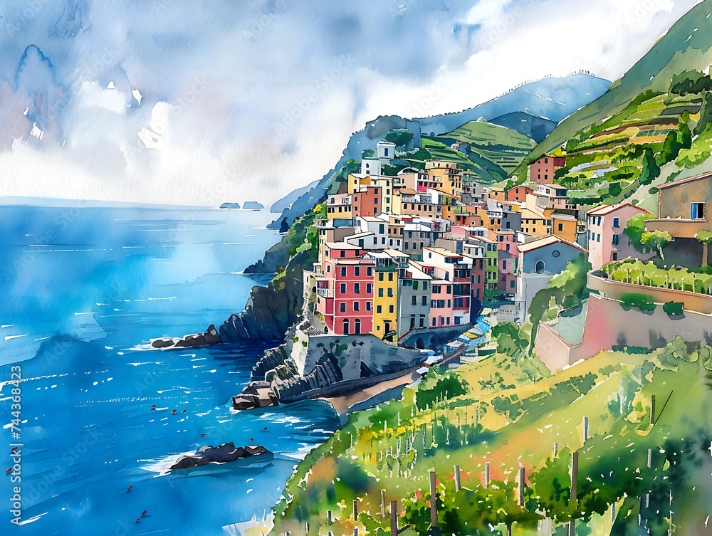 Cinque Terre national park  in watercolor style