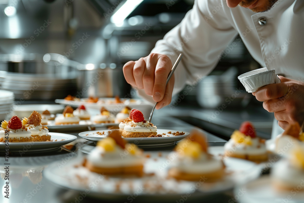 Chef carefully decorating pastries with precision in kitchen