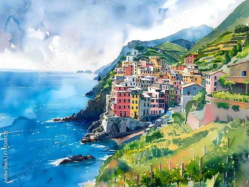 Cinque Terre national park in watercolor style