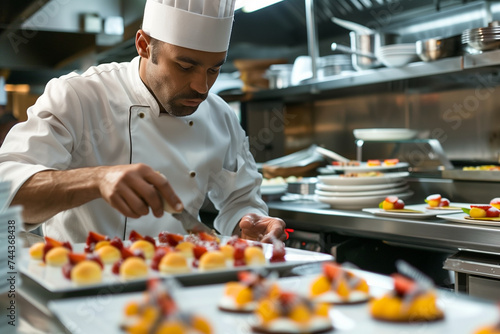 Chef carefully decorating pastries with precision in kitchen