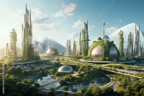 Futuristic city skyline representing a vision of sustainable urban living, lush cityscape, bright sunlight. Created with generative artificial intelligence technology