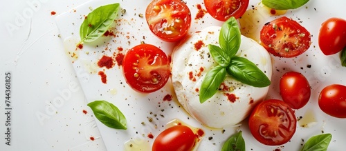 Fresh and delicious plate of ripe tomatoes and creamy mozzarella on a clean white surface