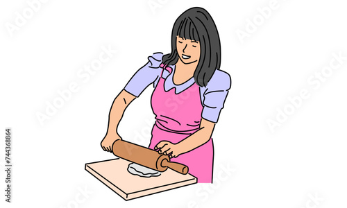 line art color of woman rolling dough with rolling pin