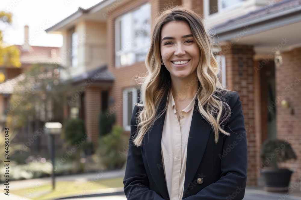 Portrait of a young female real estate agent standing outside her home smiling. Portrait of a young female real estate agent standing outside her home smiling.