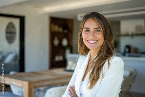 Portrait of smiling real estate agent woman standing with arms crossed in kitchen at home