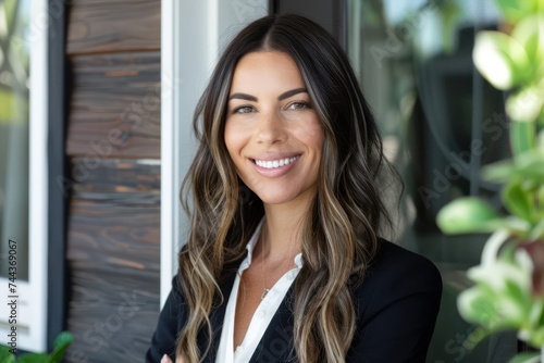 Portrait of a beautiful young real estate agent woman smiling at the camera.