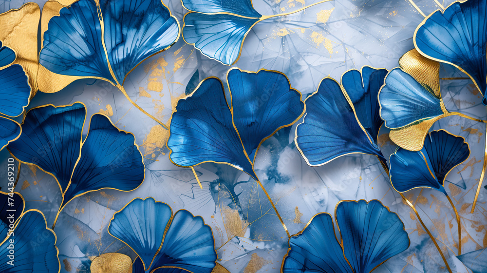 Blue Ginkgo Leaves with Gold Accents Abstract Background