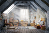 Interior of the children's playroom in the attic of the house in the flood rays of sunlight