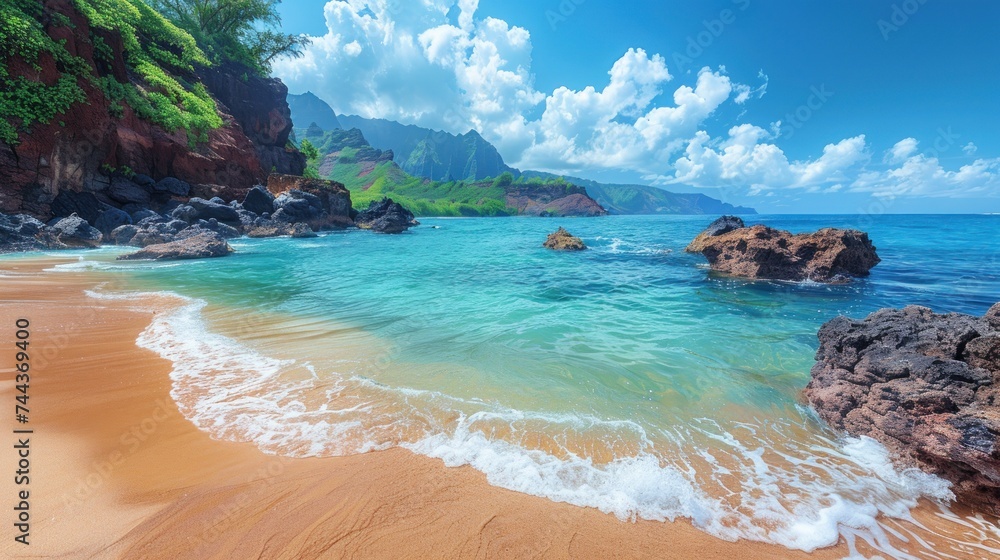 Tropical lush landscapes in Maui Hawaii, Waianapanapa state park, black sand beach.