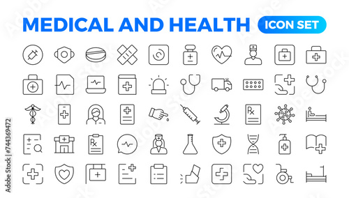 Health and Medical linear icons such as Scalpel, Saline, Optometrist, Otoscope, Patch, and Pregnancy test line icons.Medecine flat icons. Collection of health care medical signs. Outline icon set.