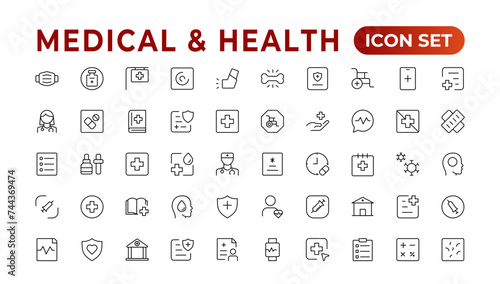 Health and Medical linear icons such as Scalpel, Saline, Optometrist, Otoscope, Patch, and Pregnancy test line icons.Medecine flat icons. Collection of health care medical signs. Outline icon set.