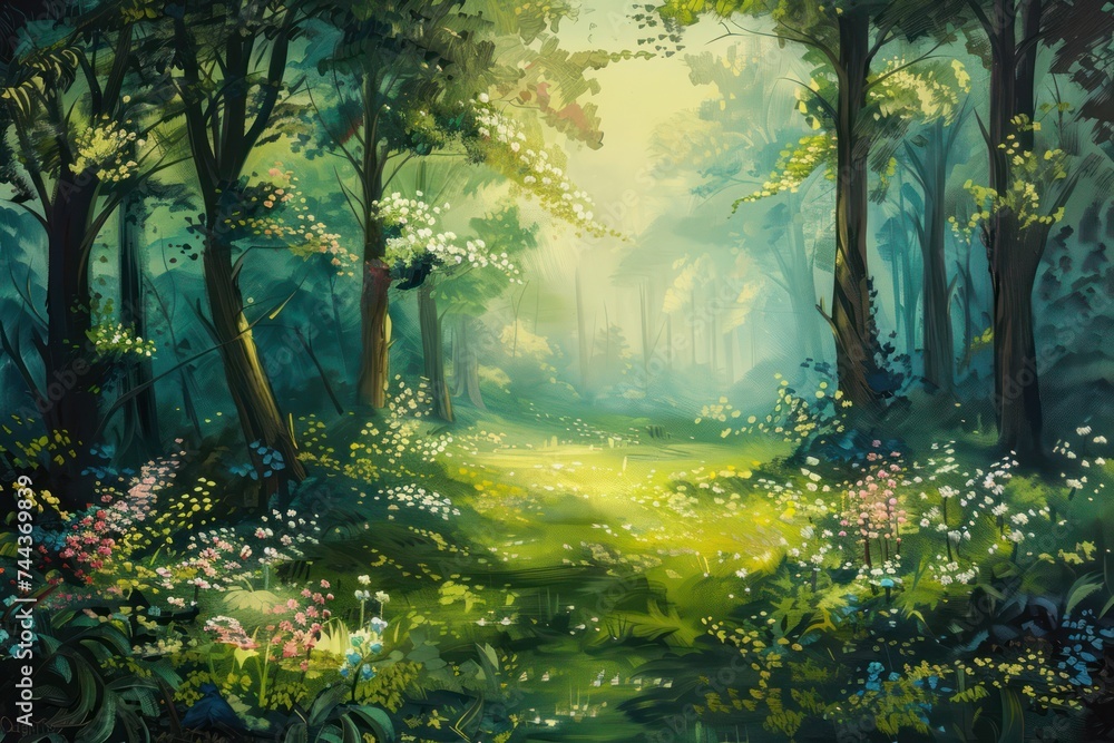 Beautiful forest landscape with sunbeams in the morning, illustration