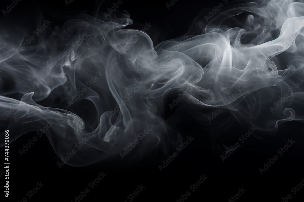 Abstract fog. White cloudiness, haze or smog moves on black background. Beautiful swirling gray smoke. Mockup of your logo. Wide angle horizontal wallpaper or web banner - obrazy, fototapety, plakaty 