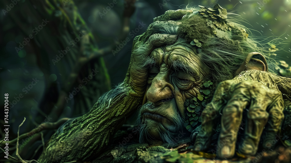 Fantasy tree creature in mystical forest.