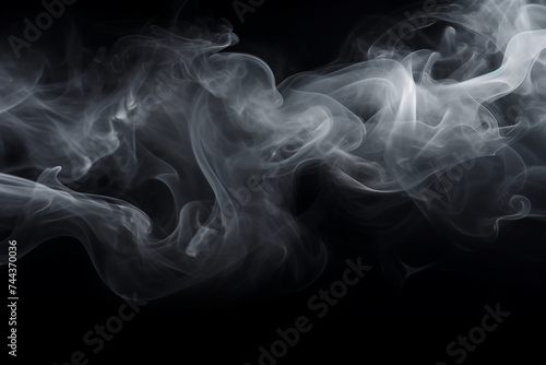 Abstract fog. White cloudiness, haze or smog moves on black background. Beautiful swirling gray smoke. Mockup of your logo. Wide angle horizontal wallpaper or web banner photo