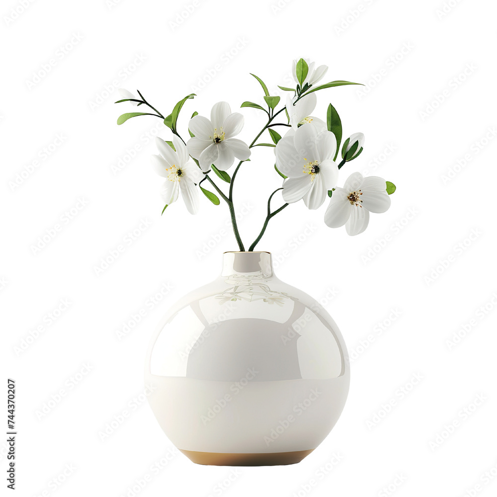 Round shape vase with flowers Gold and white, realistic photo, pure white background, solid color fill, simple color scheme, clean and atmospheric isolated PNG