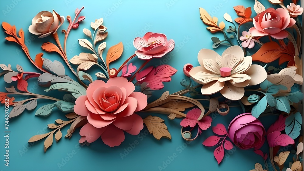 Beautiful flowery background with flowers and ornamental wallpaper, rendered in three dimensions.