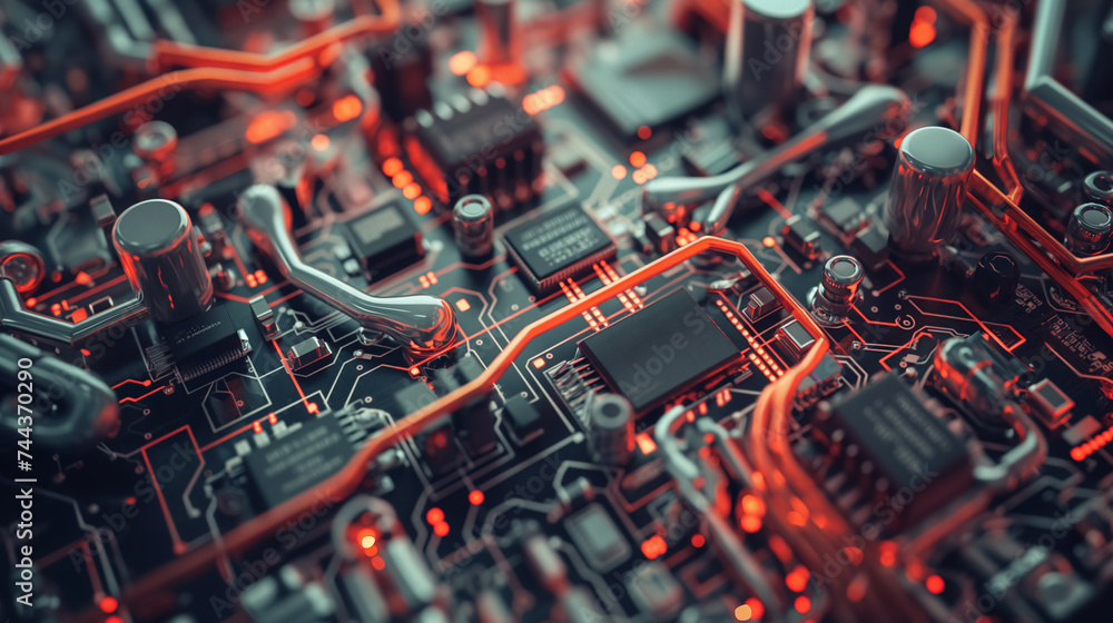 Intricate red-lit circuit board details. Intricate red-lit circuit board details.