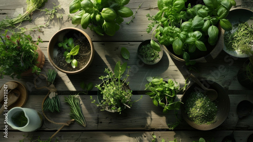 A scene of organized chaos unfolds as an array of herbs and es grow in pots atop a weathered wooden table. Fragrant basil earthy rosemary and tangy chives exude a tantalizing