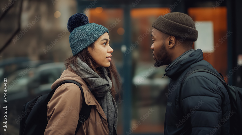Two people in deep conversation on street. Two people in deep conversation on street.