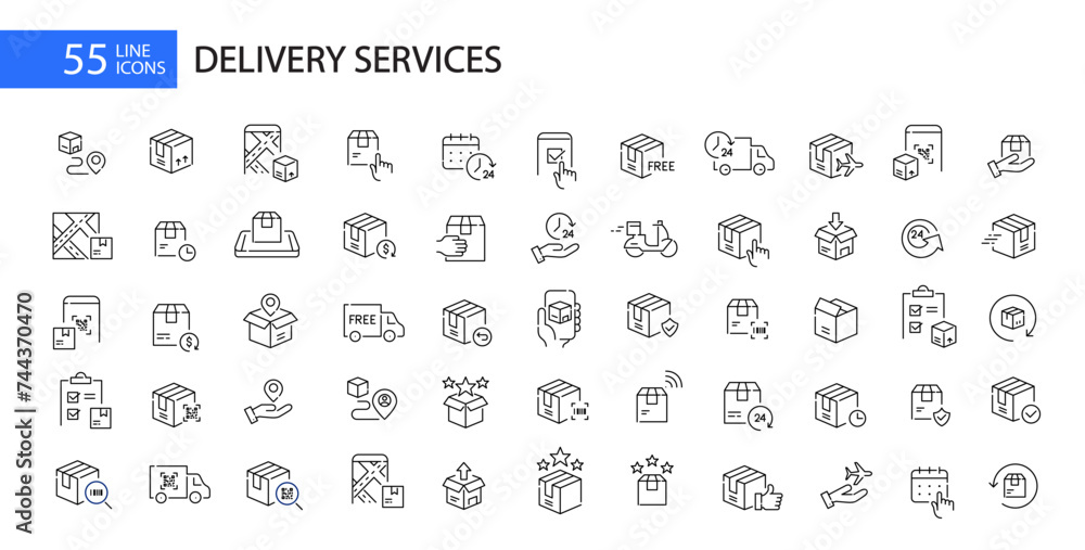 Delivery company services. Parcel shipment, app for tracking and return. Pixel perfect vector icons set