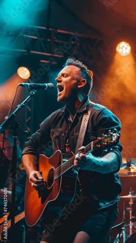 Musician playing guitar and singing into microphone on stage with band