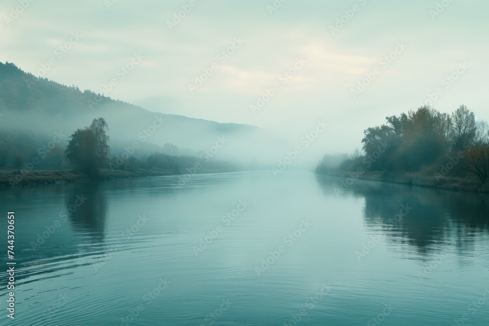 Landscape with the image of a lake in the morning mist.