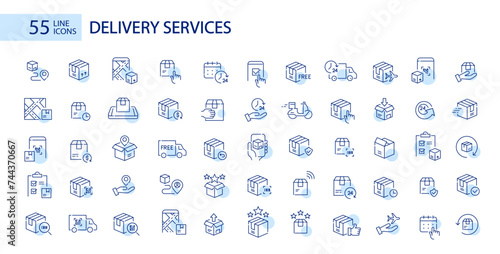 Delivery company services. Parcel shipment, app for tracking and return. Pixel perfect, editable stroke icons set