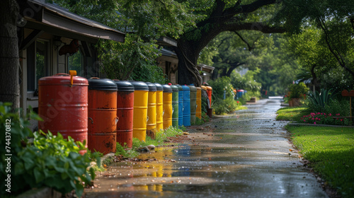 A series of rain barrels lined up against a house collecting rainwater that can later be used to nourish plants and reduce the need for municipal water usage. © Justlight