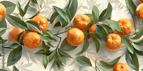 Seamless pattern with a sprig of tangerines and leaves. Vintage botanical 3d illustration for printing fabric, wrapping paper, packaging