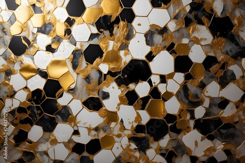 Abstract cosmic geometric wallpaper backdrop texture with black, white, and gold accents that sparkles brightly. Perfect for use as a celebration postcard or banner promoting high-end products.