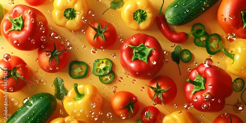 Heap of whole wet tomatoes and cucumbers.Seamless background for wrappers, fabrics, wallpapers, banners, 3d rendering. Top view point, full frame.