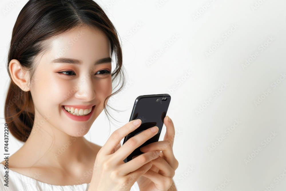 スマートフォンを見て微笑む笑顔の日本人女性(携帯・スマホ・SNS・ゲーム・連絡) スマートフォンを見て微笑む笑顔の日本人女性(携帯・スマホ・SNS・ゲーム・連絡)