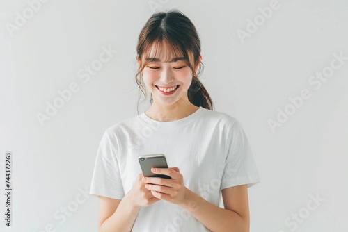 スマートフォンを見て微笑む笑顔の日本人女性（携帯・スマホ・SNS・ゲーム・連絡）