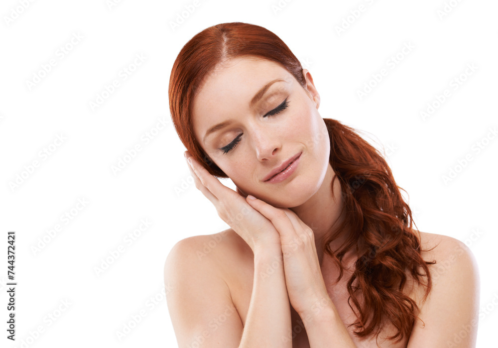 Studio, model and relax for beauty or ginger hair, cosmetology and skincare with foundation or collagen. Young woman, peace and spa dermatology with make up and facial treatment by white background Studio, model and relax for beauty or ginger hair, cosmetology and skincare with foundation or collagen. Young woman, peace and spa dermatology with make up and facial treatment by white background
