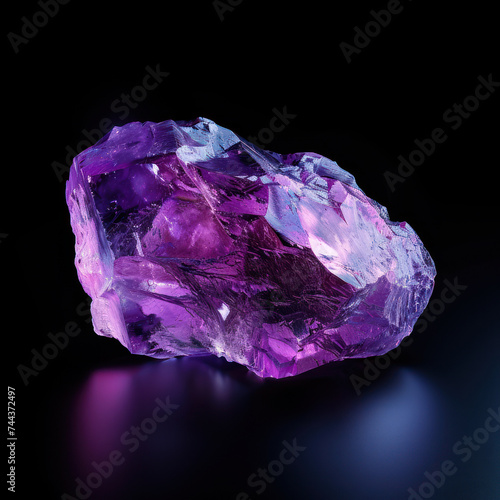 uncut Amethyst purple gem on black background