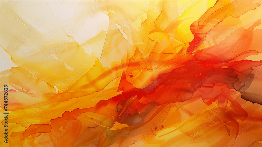 Abstract Watercolor Blends: Vivid Orange and Soft Peach Hues Flowing in Ethereal Cloud-like Formation - obrazy, fototapety, plakaty 