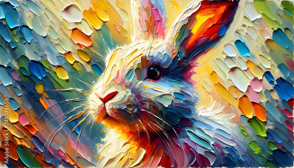 the timeless elegance of a rabbit. The painting focuses on the intricate brushwork and rich texture characteristic of the impasto technique