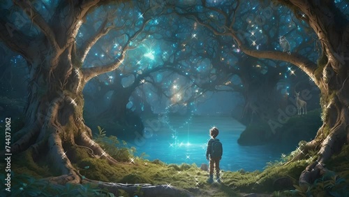 Boy in the forest, 4k, background, animation video, seamless looping photo